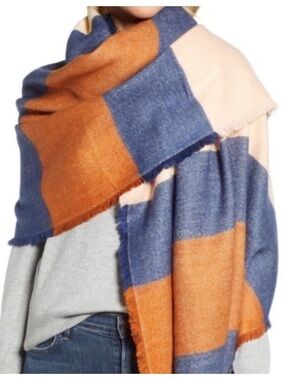 Madewell Chunky Knit Striped Fringe Blanket Scarf Boho Navy 35"x80"